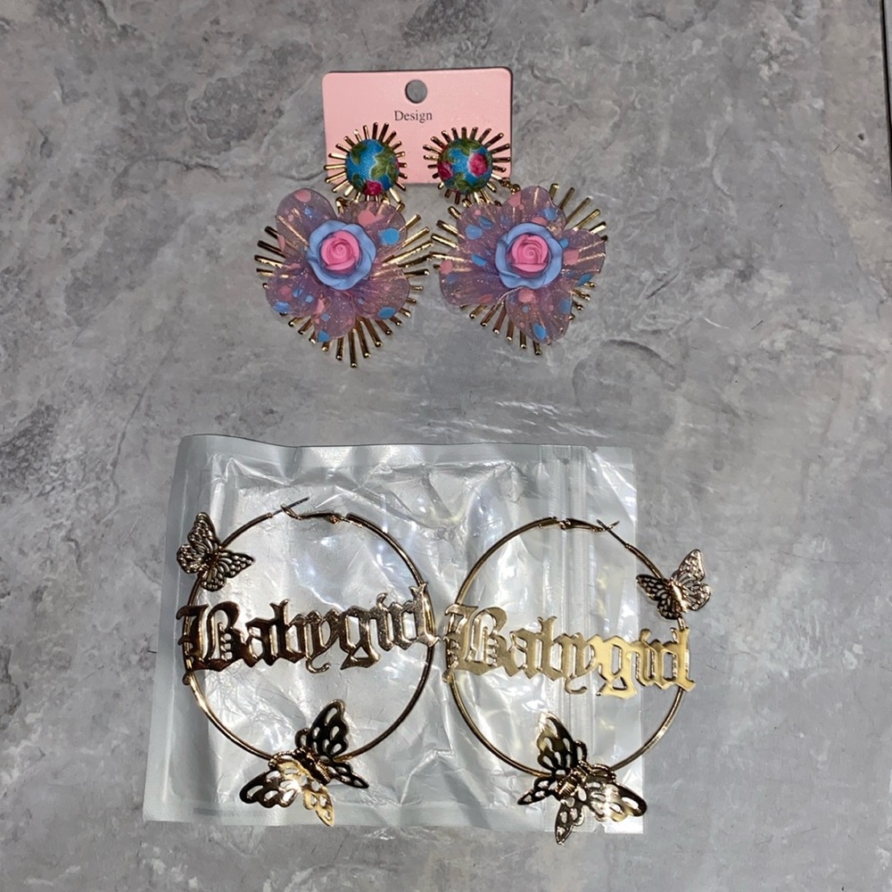 Earrings gold butterfly hoops flower bundle brand new